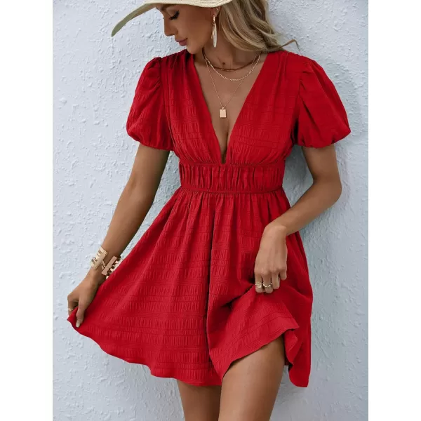 WDIRARA Women's Puff Sleeve Deep V Neck Tie Back Mini A Line Swing Dress