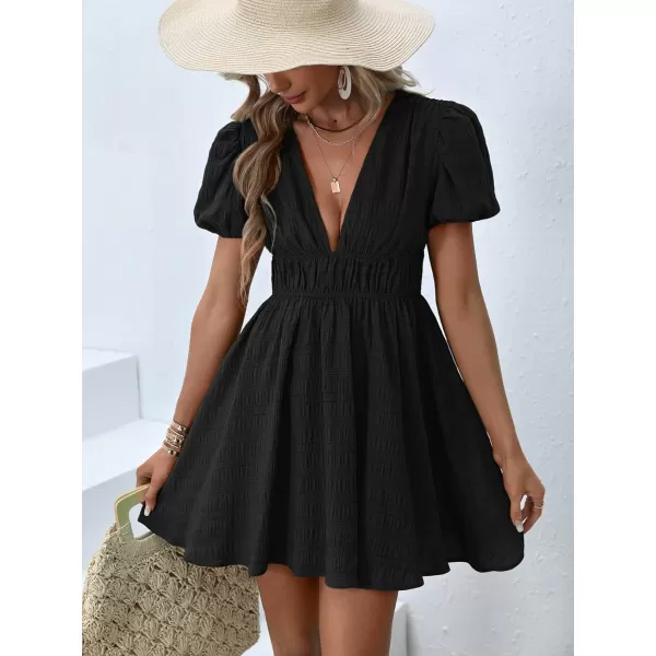 WDIRARA Women's Puff Sleeve Deep V Neck Tie Back Mini A Line Swing Dress