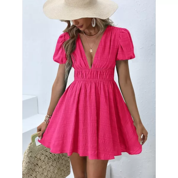WDIRARA Women's Puff Sleeve Deep V Neck Tie Back Mini A Line Swing Dress
