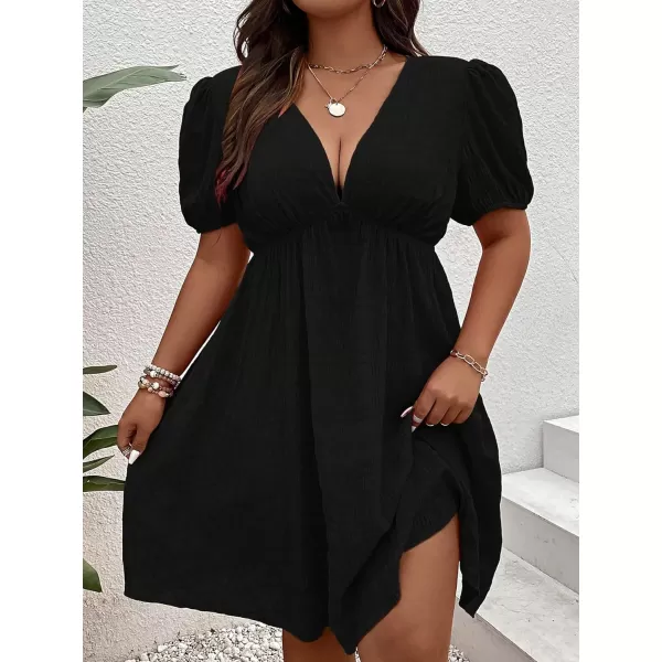 WDIRARA Women's Puff Sleeve Deep V Neck Tie Back Mini A Line Swing Dress