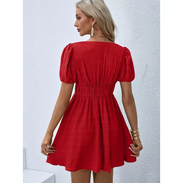WDIRARA Women's Puff Sleeve Deep V Neck Tie Back Mini A Line Swing Dress