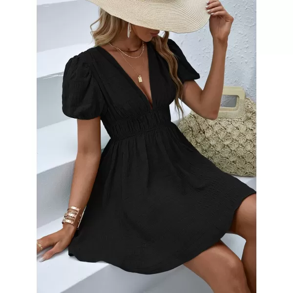 WDIRARA Women's Puff Sleeve Deep V Neck Tie Back Mini A Line Swing Dress