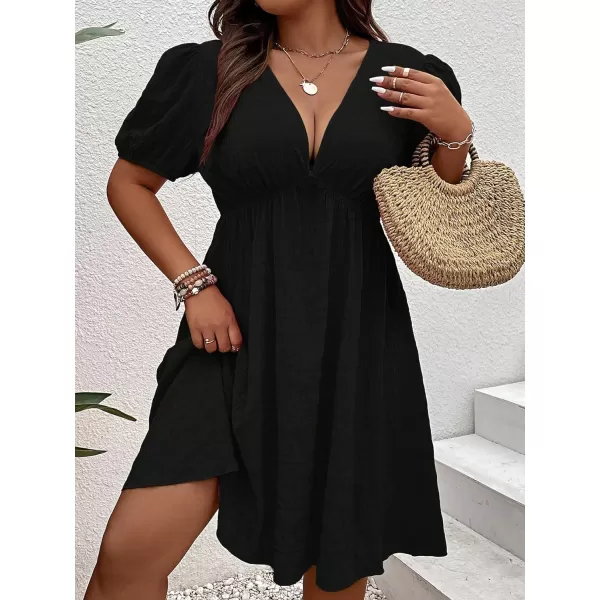 WDIRARA Women's Puff Sleeve Deep V Neck Tie Back Mini A Line Swing Dress