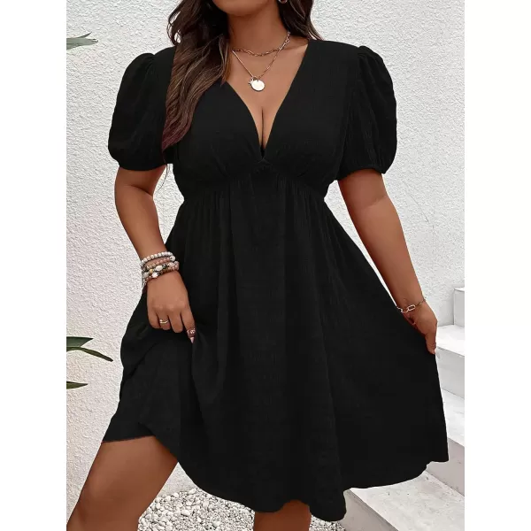 WDIRARA Women's Puff Sleeve Deep V Neck Tie Back Mini A Line Swing Dress