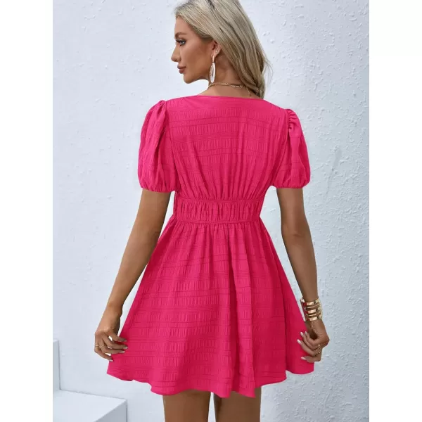 WDIRARA Women's Puff Sleeve Deep V Neck Tie Back Mini A Line Swing Dress