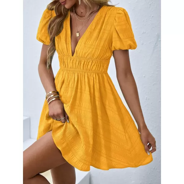 WDIRARA Women's Puff Sleeve Deep V Neck Tie Back Mini A Line Swing Dress