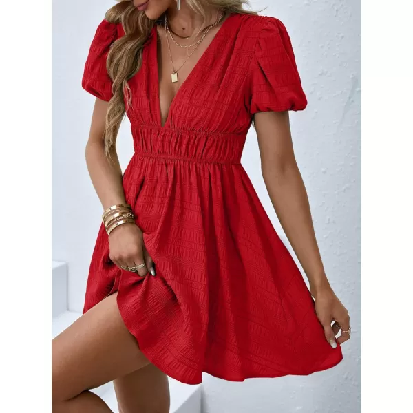 WDIRARA Women's Puff Sleeve Deep V Neck Tie Back Mini A Line Swing Dress