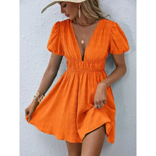 WDIRARA Women's Puff Sleeve Deep V Neck Tie Back Mini A Line Swing Dress