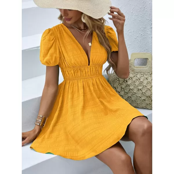 WDIRARA Women's Puff Sleeve Deep V Neck Tie Back Mini A Line Swing Dress
