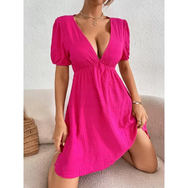 WDIRARA Women's Puff Sleeve Deep V Neck Tie Back Mini A Line Swing Dress