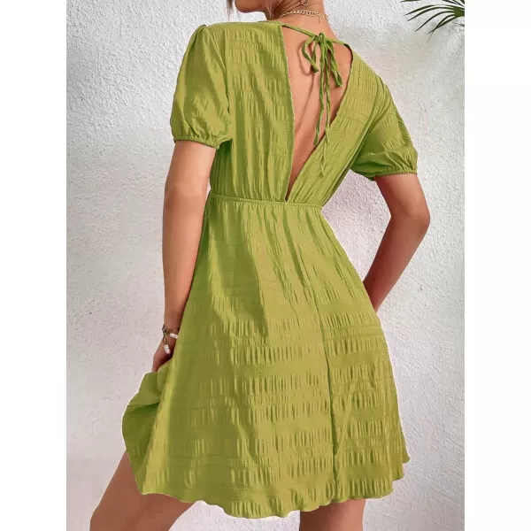 WDIRARA Women's Puff Sleeve Deep V Neck Tie Back Mini A Line Swing Dress