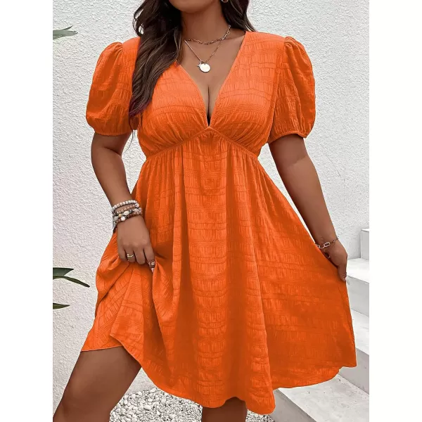 WDIRARA Women's Puff Sleeve Deep V Neck Tie Back Mini A Line Swing Dress