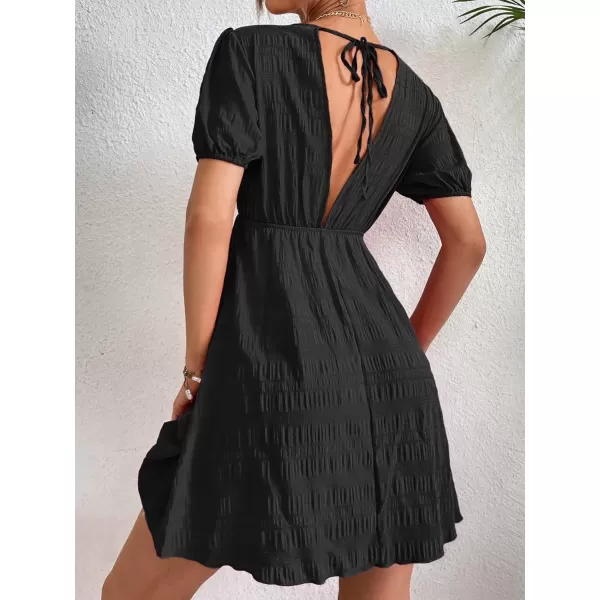 WDIRARA Women's Puff Sleeve Deep V Neck Tie Back Mini A Line Swing Dress