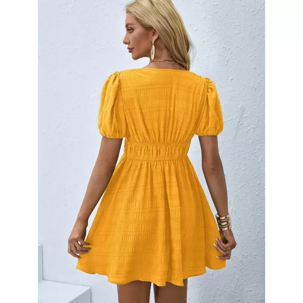 WDIRARA Women's Puff Sleeve Deep V Neck Tie Back Mini A Line Swing Dress
