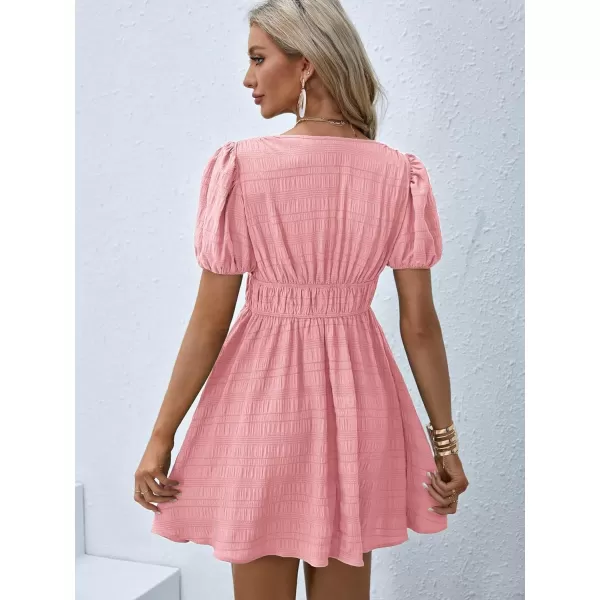 WDIRARA Women's Puff Sleeve Deep V Neck Tie Back Mini A Line Swing Dress
