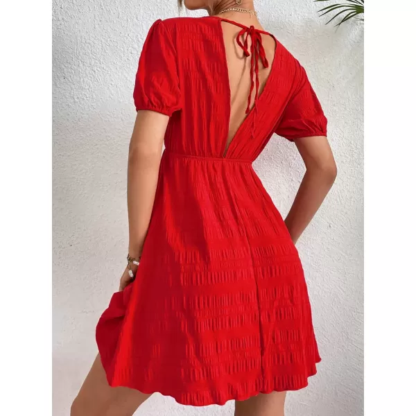 WDIRARA Women's Puff Sleeve Deep V Neck Tie Back Mini A Line Swing Dress