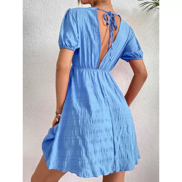 WDIRARA Women's Puff Sleeve Deep V Neck Tie Back Mini A Line Swing Dress