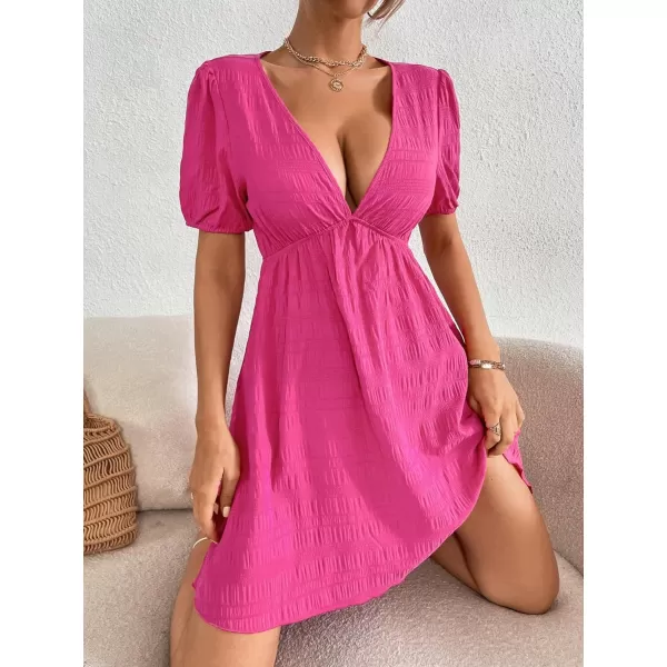 WDIRARA Women's Puff Sleeve Deep V Neck Tie Back Mini A Line Swing Dress