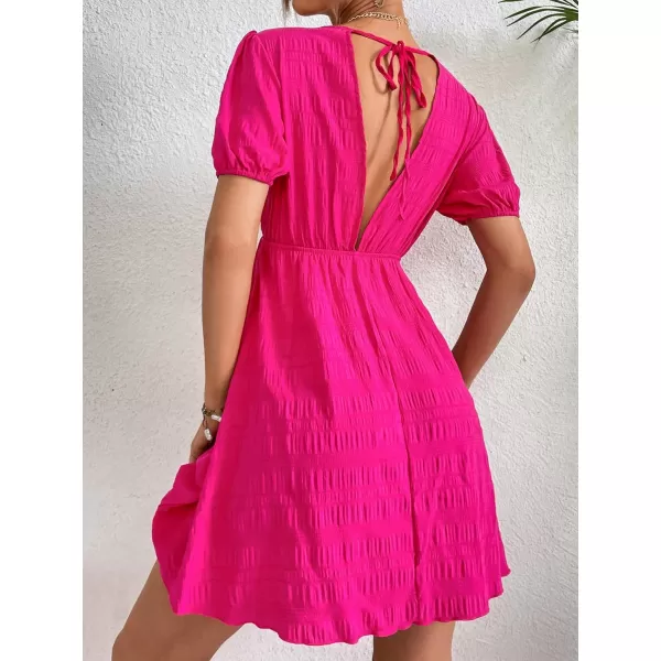 WDIRARA Women's Puff Sleeve Deep V Neck Tie Back Mini A Line Swing Dress