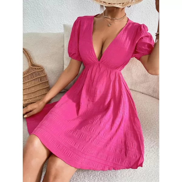 WDIRARA Women's Puff Sleeve Deep V Neck Tie Back Mini A Line Swing Dress