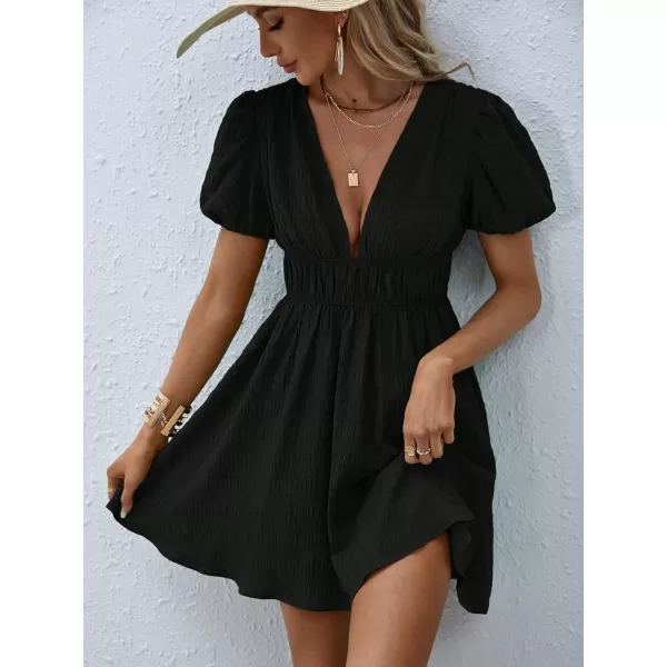 WDIRARA Women's Puff Sleeve Deep V Neck Tie Back Mini A Line Swing Dress
