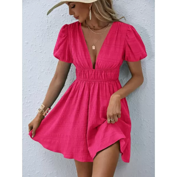 WDIRARA Women's Puff Sleeve Deep V Neck Tie Back Mini A Line Swing Dress