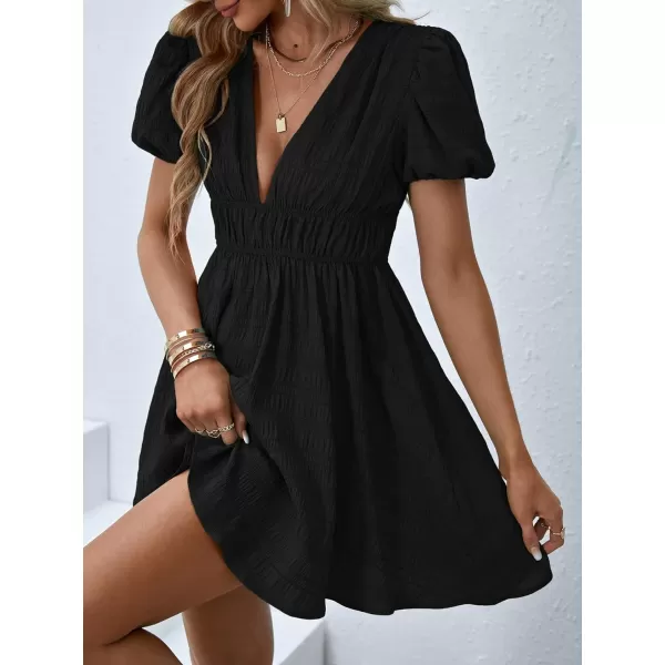 WDIRARA Women's Puff Sleeve Deep V Neck Tie Back Mini A Line Swing Dress