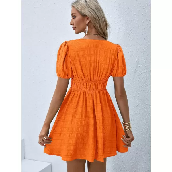 WDIRARA Women's Puff Sleeve Deep V Neck Tie Back Mini A Line Swing Dress