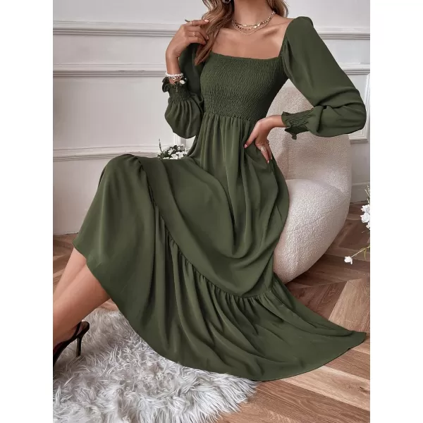WDIRARA Women's Square Neck Flounce Shirred Ruffle Hem Elegant Long Sleeve Maxi Dress