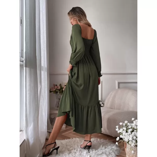 WDIRARA Women's Square Neck Flounce Shirred Ruffle Hem Elegant Long Sleeve Maxi Dress