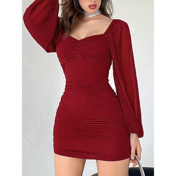 WDIRARA Women's Square Neck Mesh Overlay Puff Long Gigot Sleeve Frill Trim Bodycon Dress