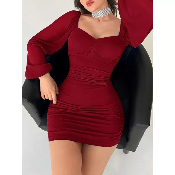WDIRARA Women's Square Neck Mesh Overlay Puff Long Gigot Sleeve Frill Trim Bodycon Dress