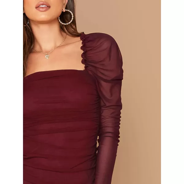 WDIRARA Women's Square Neck Mesh Overlay Puff Long Gigot Sleeve Frill Trim Bodycon Dress