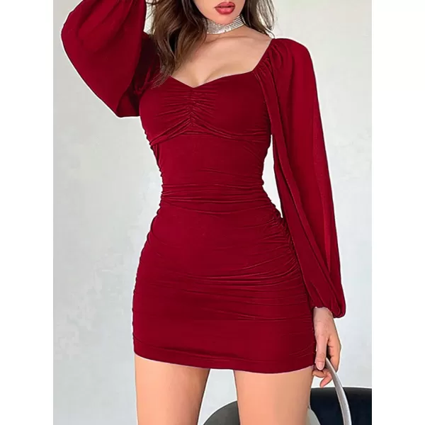 WDIRARA Women's Square Neck Mesh Overlay Puff Long Gigot Sleeve Frill Trim Bodycon Dress
