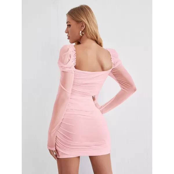 WDIRARA Women's Square Neck Mesh Overlay Puff Long Gigot Sleeve Frill Trim Bodycon Dress