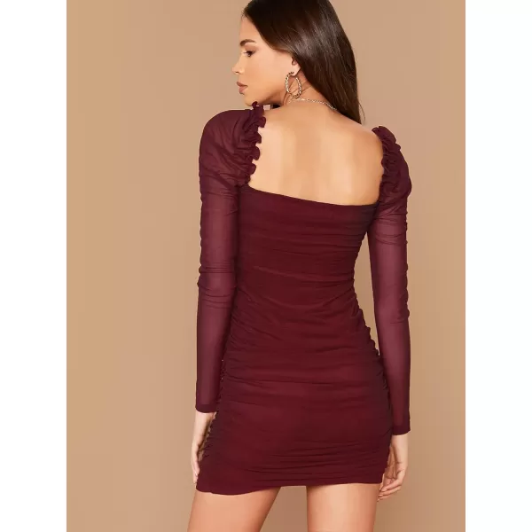 WDIRARA Women's Square Neck Mesh Overlay Puff Long Gigot Sleeve Frill Trim Bodycon Dress