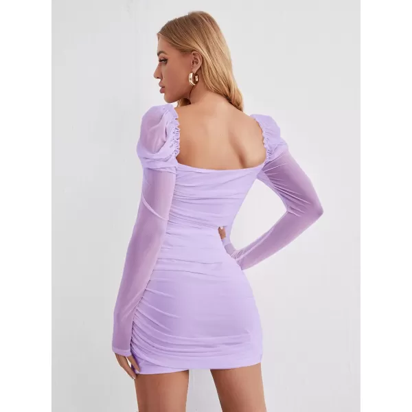 WDIRARA Women's Square Neck Mesh Overlay Puff Long Gigot Sleeve Frill Trim Bodycon Dress