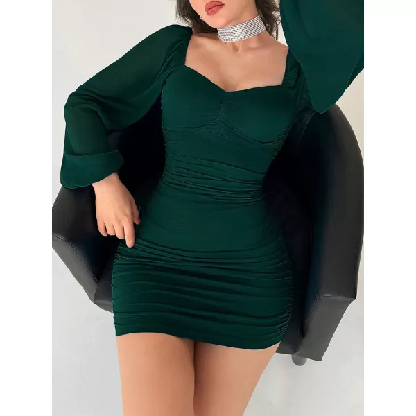 WDIRARA Women's Square Neck Mesh Overlay Puff Long Gigot Sleeve Frill Trim Bodycon Dress