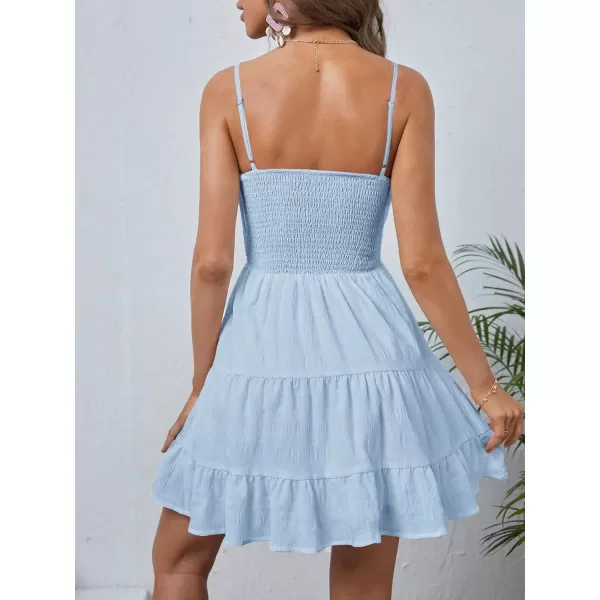 WDIRARA Women's Summer Textured Ruched Shirred Ruffle Hem A Line Dress High Waist Short Cami Dress