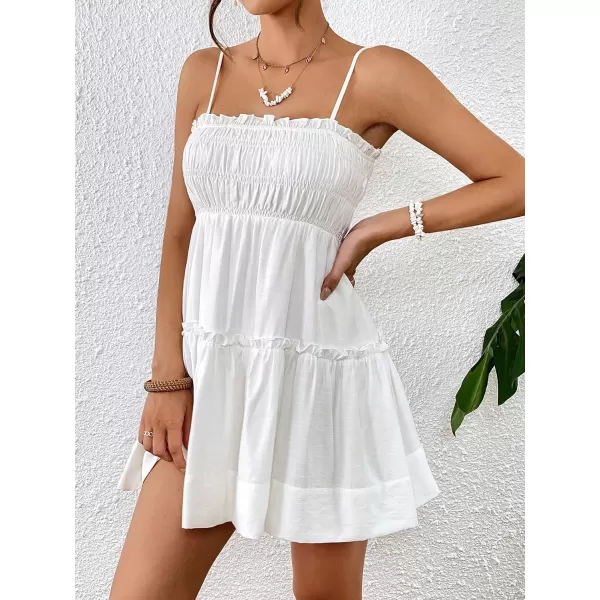 WDIRARA Women's Summer Textured Ruched Shirred Ruffle Hem A Line Dress High Waist Short Cami Dress