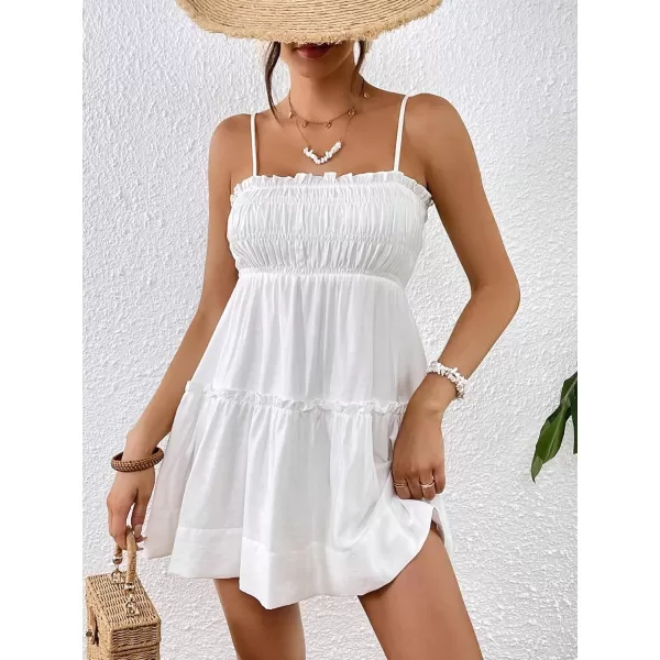 WDIRARA Women's Summer Textured Ruched Shirred Ruffle Hem A Line Dress High Waist Short Cami Dress