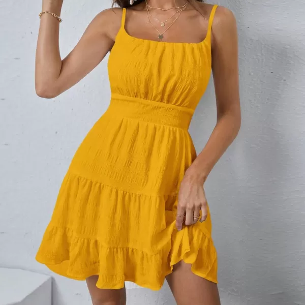 WDIRARA Women's Summer Textured Ruched Shirred Ruffle Hem A Line Dress High Waist Short Cami Dress