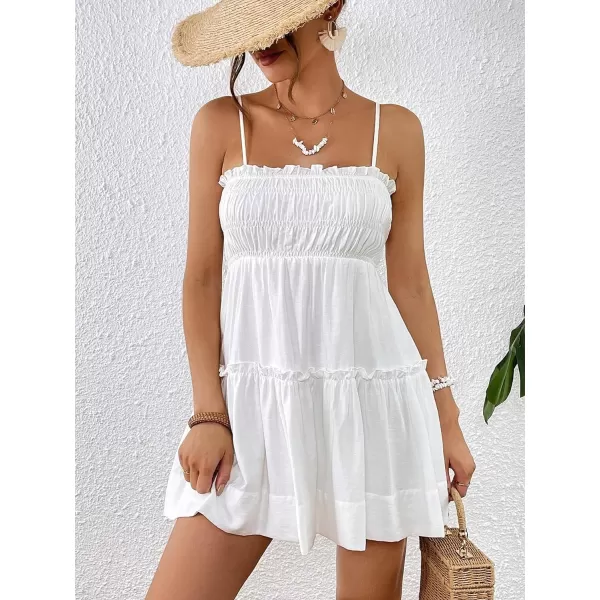 WDIRARA Women's Summer Textured Ruched Shirred Ruffle Hem A Line Dress High Waist Short Cami Dress