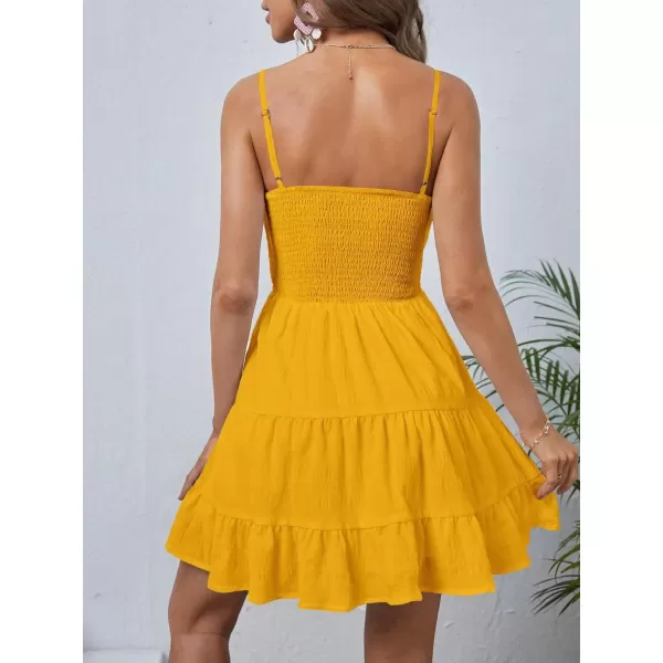 WDIRARA Women's Summer Textured Ruched Shirred Ruffle Hem A Line Dress High Waist Short Cami Dress