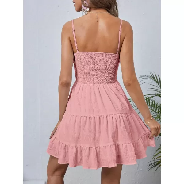 WDIRARA Women's Summer Textured Ruched Shirred Ruffle Hem A Line Dress High Waist Short Cami Dress