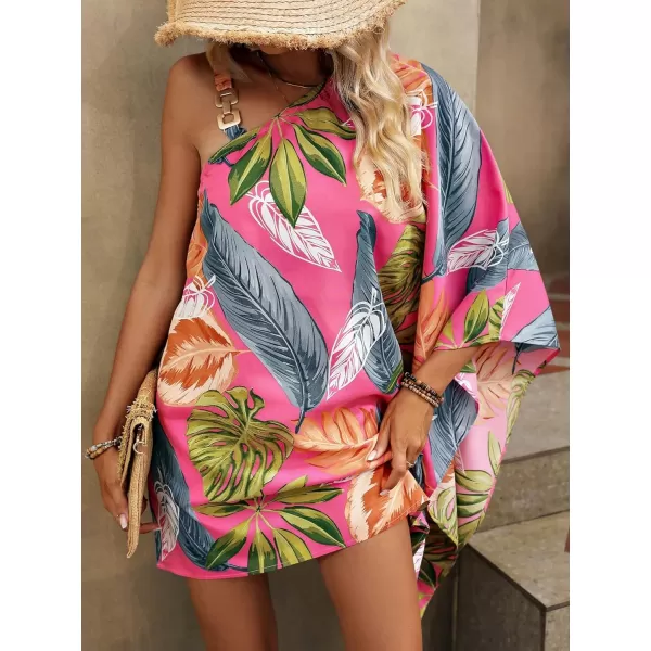 WDIRARA Women's Tropical Print Chain Detail Boho Dress Asymmetrical Neck Half Sleeve Mini Dress
