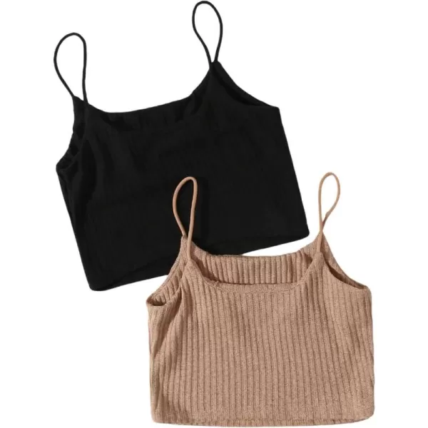 WDIRARA Girl's 2 Pack Basic Rib Knit Crop Cami Top Sleeveless Casual Top