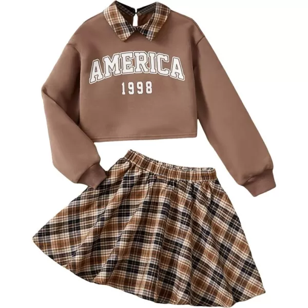 WDIRARA Girl's 2 Piece Letter Graphic Print Collar Sweatshirt and Plaid Skater Skirt Set