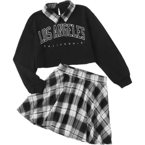 WDIRARA Girl's 2 Piece Letter Graphic Print Collar Sweatshirt and Plaid Skater Skirt Set