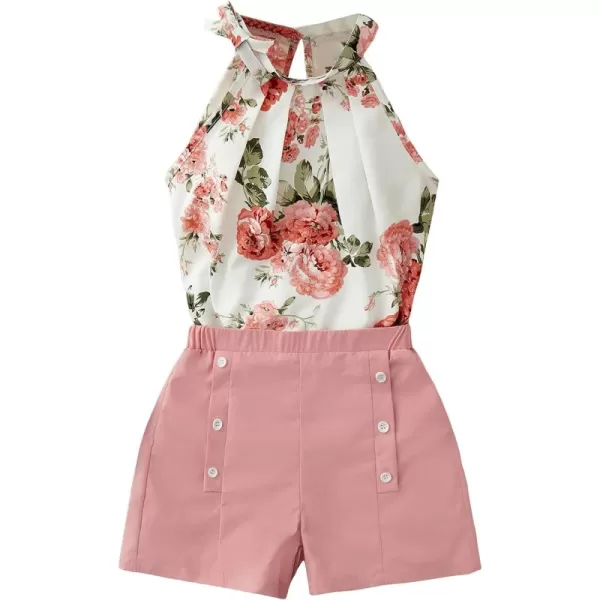WDIRARA Girl's 2 Piece Outfits Floral Print Tie Neck Halter Top and Shorts Set